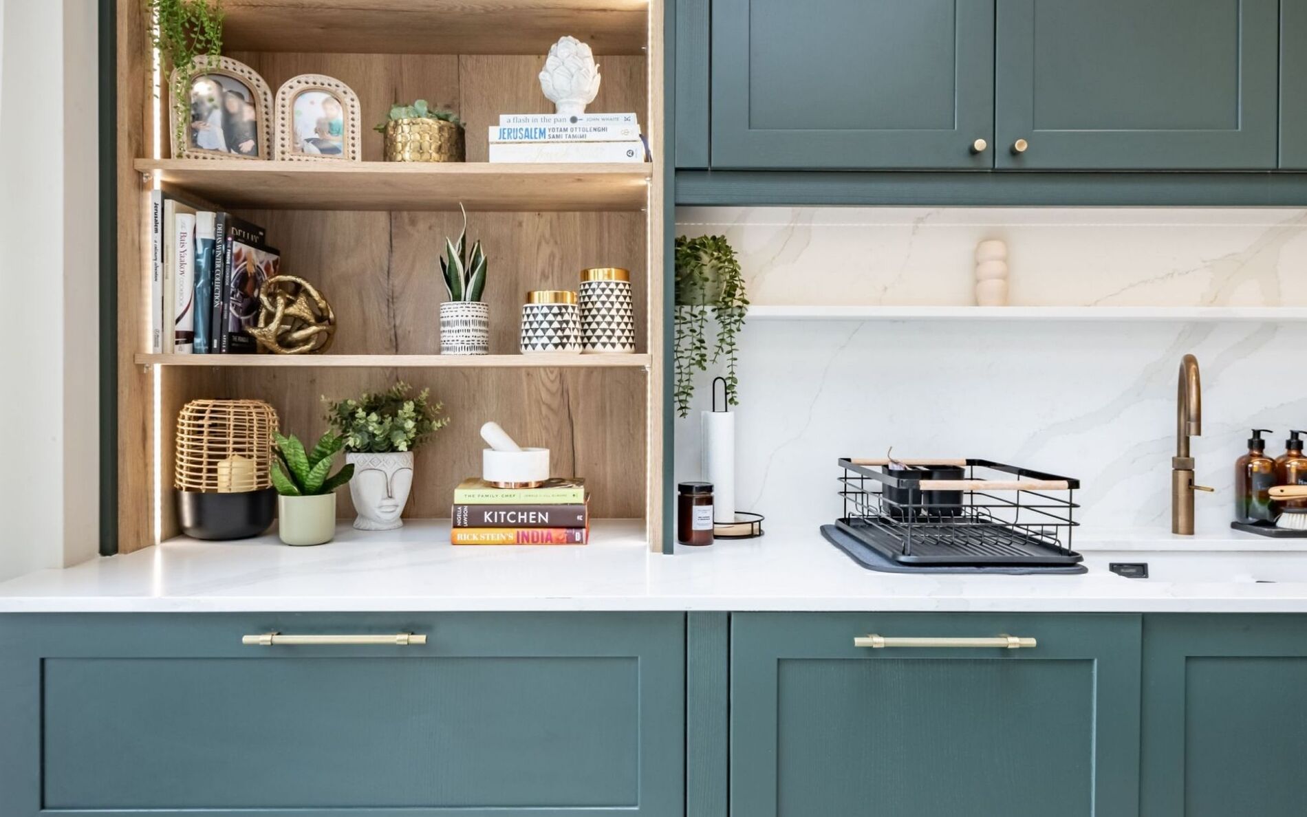 Modern Green Shaker Kitchen With Open Shelving