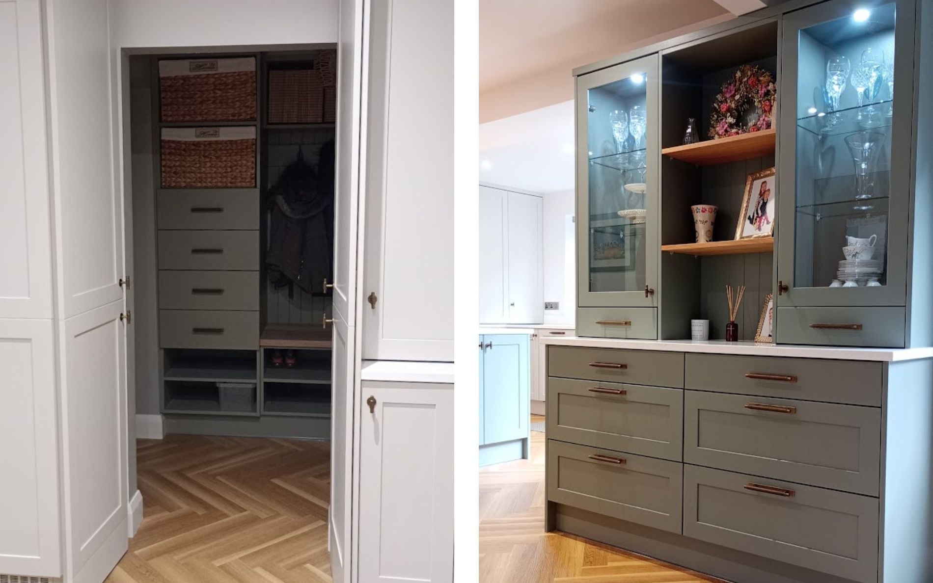 Aldana Kitchen in Taupe Grey & Reed Green by Hanna Bros
