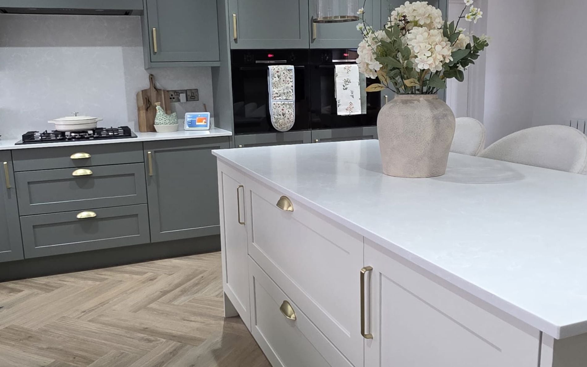 Aldana Kitchen in Reed Green & Porcelain by QA Kitchens