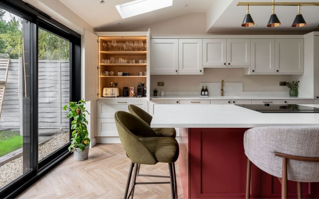 Wakefield Kitchen in Shell & Antique Red by Kitchen Ergonomics