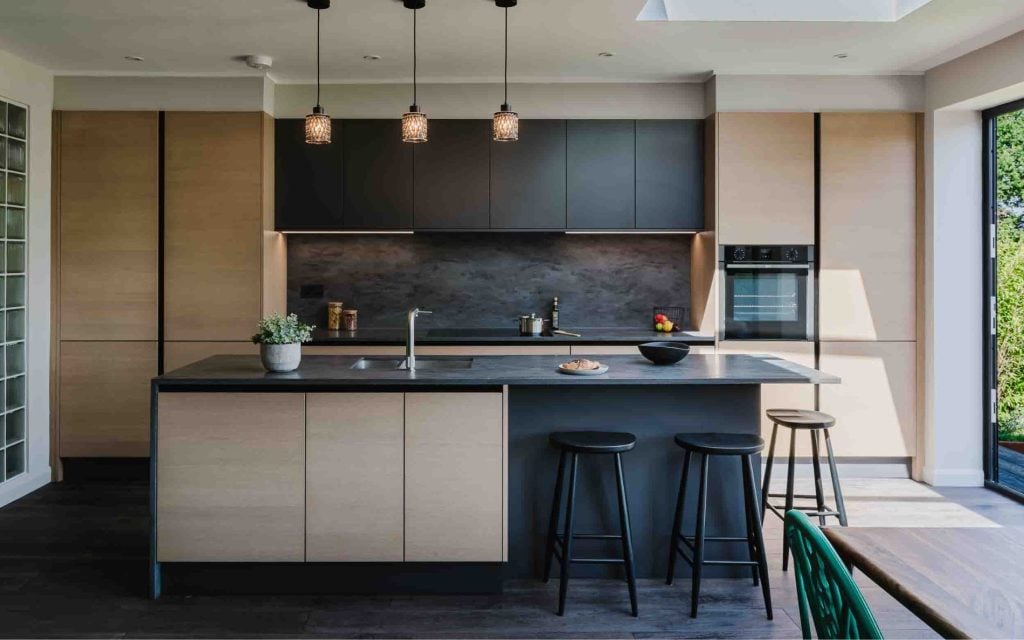 Zola Matte & Tavola Kitchen in Graphite & Parched Oak by Kitchens By Design