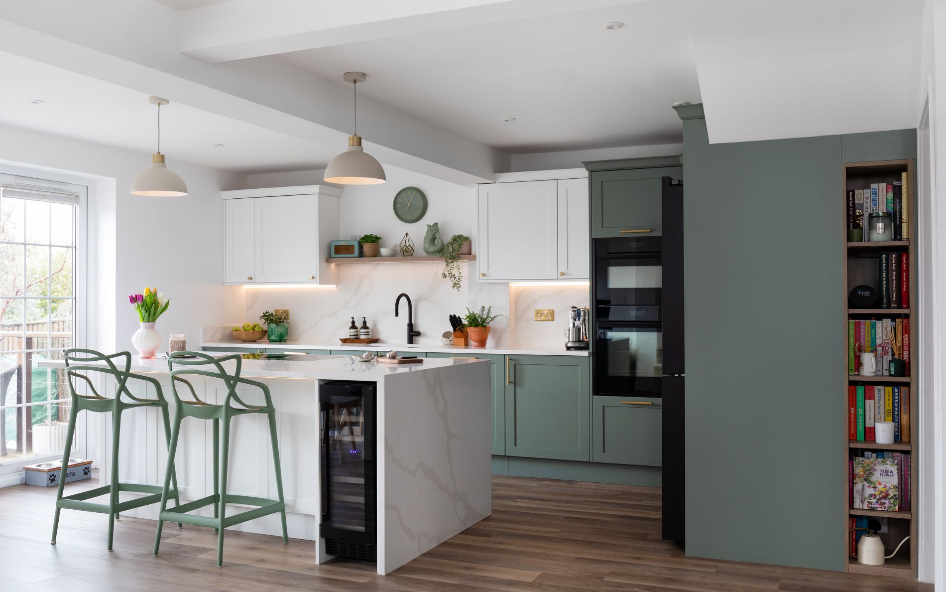 Aldana Kitchen in Reed Green & Brilliant White by Ella Austin Kitchens