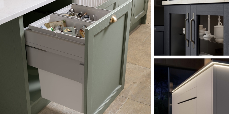Pembridge - Reed Green with Vauth-Sagel ENVI Space XX-Pro | Newcombe – Indigo with D-Handles | Zola Soft-Matte – White with LED Strip Lighting